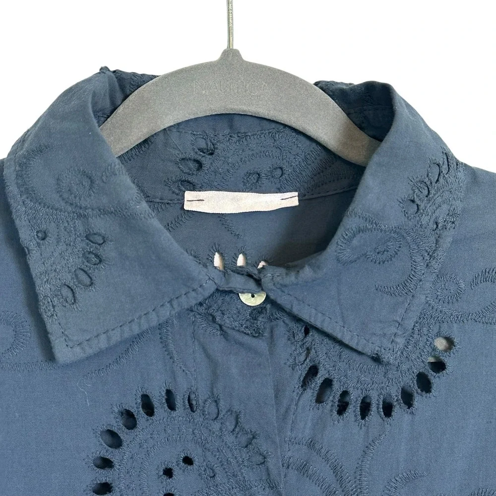 Italian Cotton Eyelet Shirt Dress Blue Embroidered Tunic Long Sleeve L - Picture 5 of 11